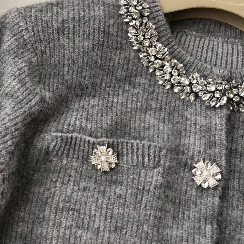 Self Portrait Grey Fluffy Crystal Trim Cardigan - Picture 7 of 13